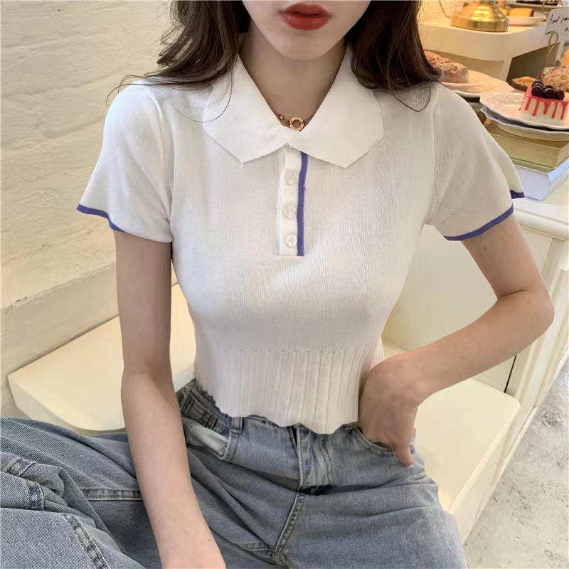 2022 summer new French niche love buttons slim short POLO collar short sleeve knitted T-shirt female student