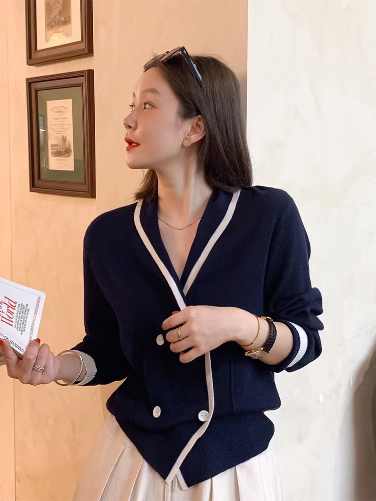 Early autumn contrast color navy collar long-sleeved knitted cardigan coat women's temperament age-reducing lazy wind double-breasted sweater top