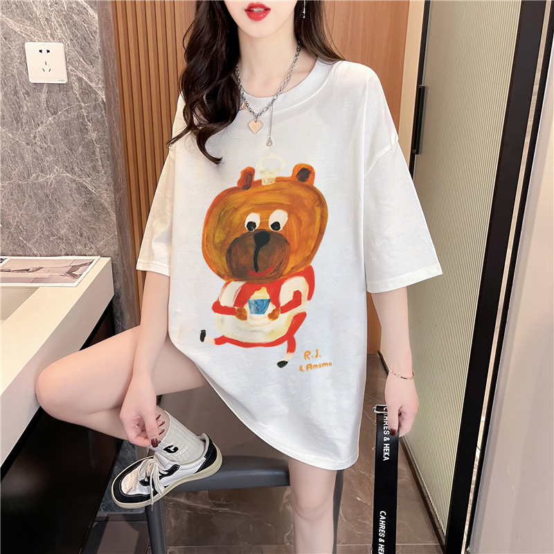 Real shot-summer cotton back bag strip printing cartoon plus size top short-sleeved t-shirt for women