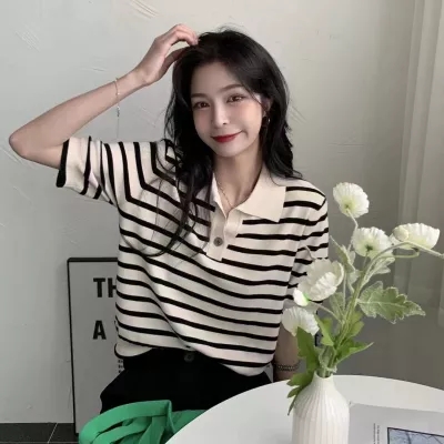 Ice silk knitted polo shirt women's summer thin design sense of minority loose short stripe T-shirt women's Short Sleeve Top
