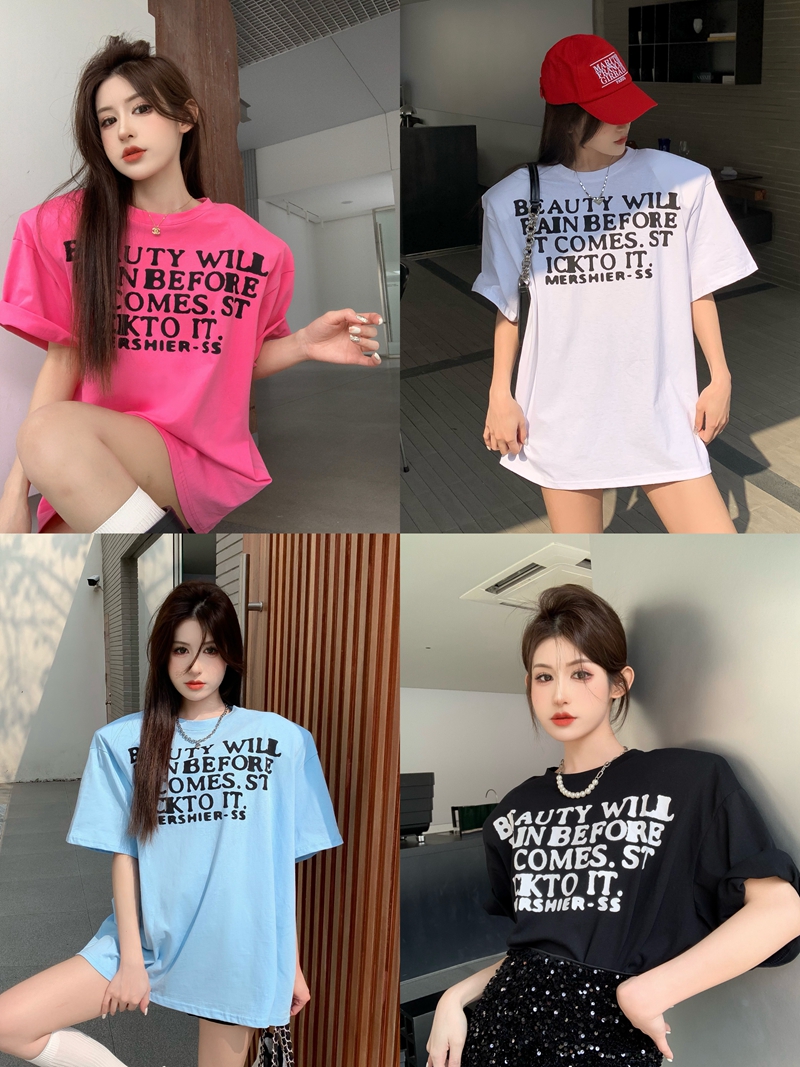 Real shot of 2023 spring and summer new letter printing trend personality wide version gallery shape loose casual shoulder pad short-sleeved T-shirt trendy