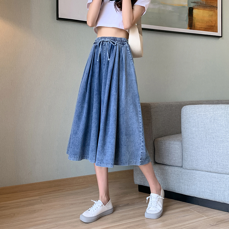 Real shot loose large wide leg skirt elastic waist half length Capri BF casual fashion denim