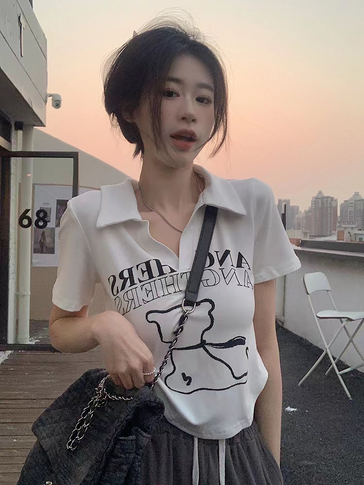 Ice silk thread small lapel pure desire front shoulder short-sleeved T-shirt summer new hot girl slim short top female