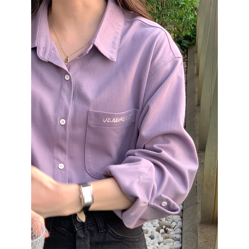 Real shot new long-sleeved shirt women's 2022 autumn design sense niche pocket letter embroidered top coat