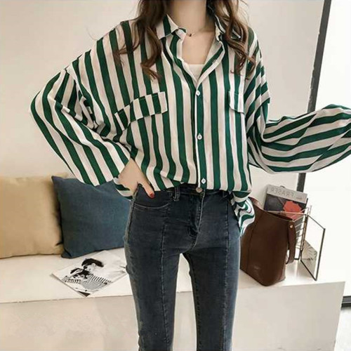 Early autumn women's new  Hong Kong Style loose large BF Stripe Shirt women's long sleeve top thin coat