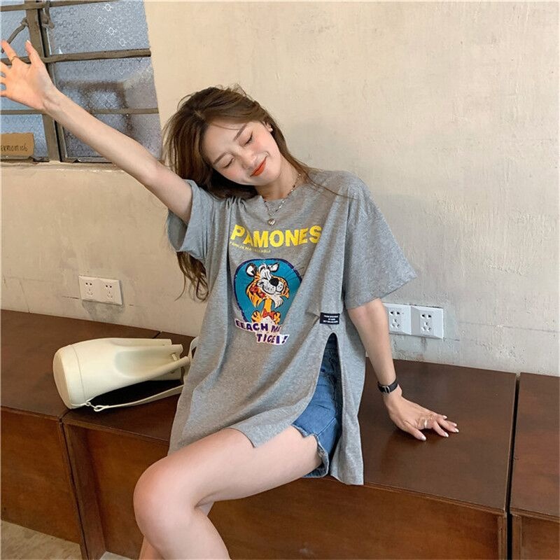 Real price Pullover summer new irregular print T-shirt thin side split short sleeve