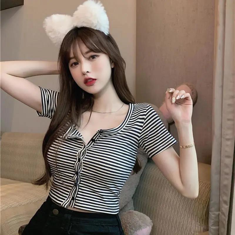New pure sexy button stripe short sleeve T-shirt women's high waist short navel top
