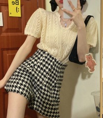 Real shot feeling hollow knitted T-shirt for women's summer 2021 new Korean loose and versatile short top