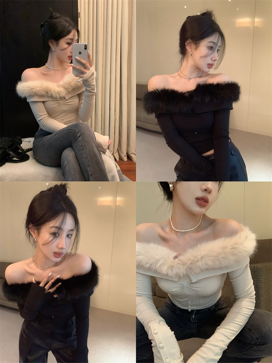 Real shot one-shoulder fur collar pure desire hot girl style detachable hair two-wear off-the-shoulder bottoming shirt female autumn and winter