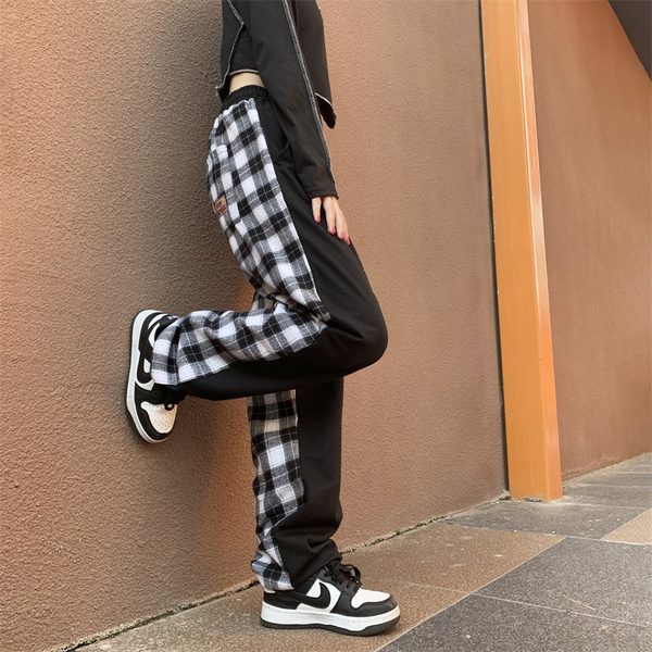 Real price personalized side stitching Plaid Leggings drawstring casual fashion pants trend