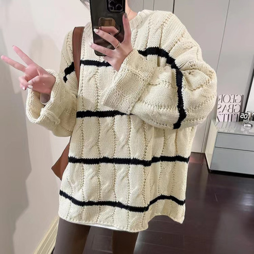 Korean striped long-sleeved sweater women's 2022 autumn and winter new thickened loose hemp pattern knitted top tide