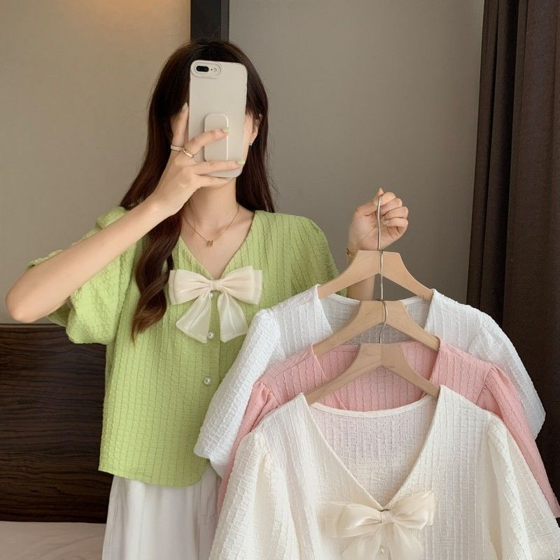 Small fragrance V-neck shirt women's summer 2022 new French heavy industry bow short style gas short sleeved top