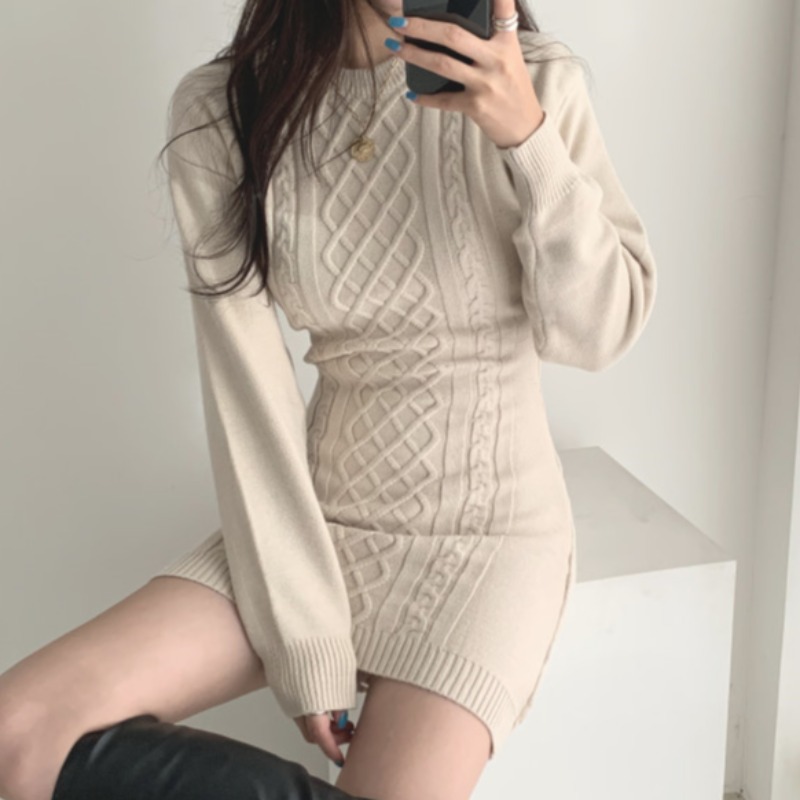 Korean spring and autumn temperament round neck rhombic pattern careful machine backless slim and hip wrapped knitted dress for women