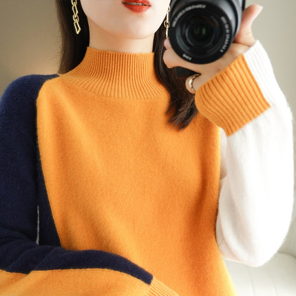 Autumn and winter 2021 new sweater women's 100% pure wool sweater color matching half high neck Pullover cashmere sweater