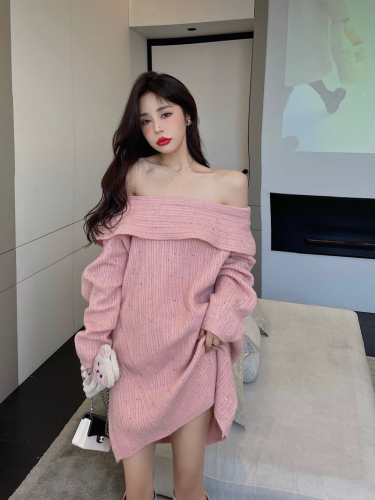 Real shooting real price Lapel imitation cashmere one shoulder sweater women's new loose design in autumn and winter