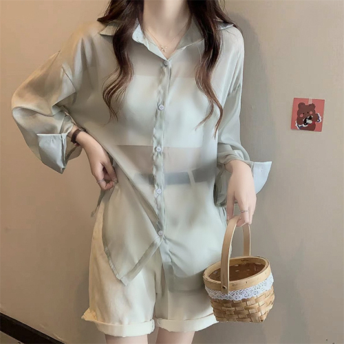 Real shooting and real price summer new Korean version versatile loose split lace up candy color long sleeve sunscreen Shirt Top
