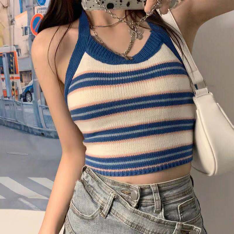 French care machine stripe short open navel hanging neck knitted vest women's back bow tie suspender summer shirt