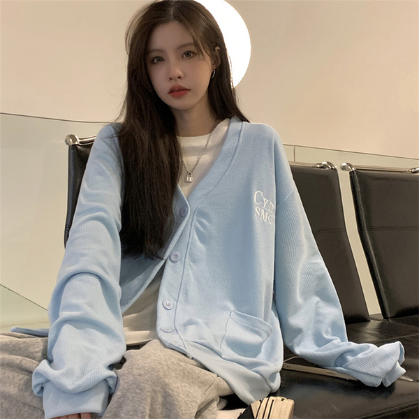 Real shot waffle 100% polyester waffle loose V-neck cardigan coat