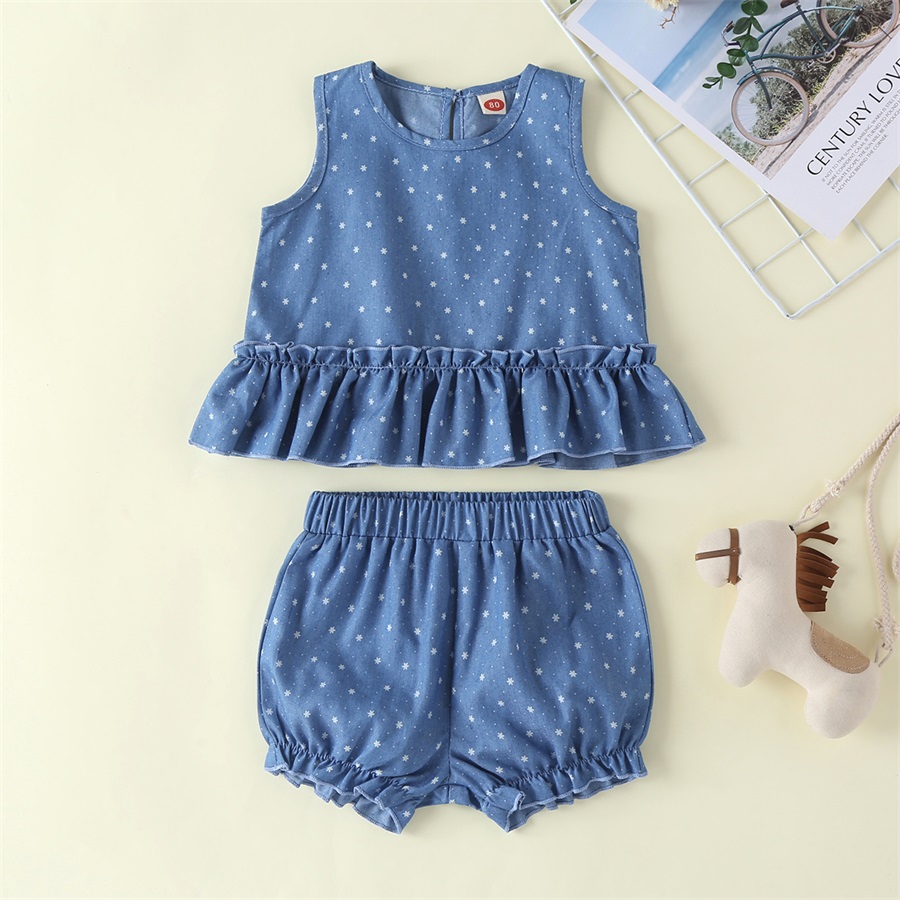 2020 baby and children's hot selling two piece printed short sleeve denim set