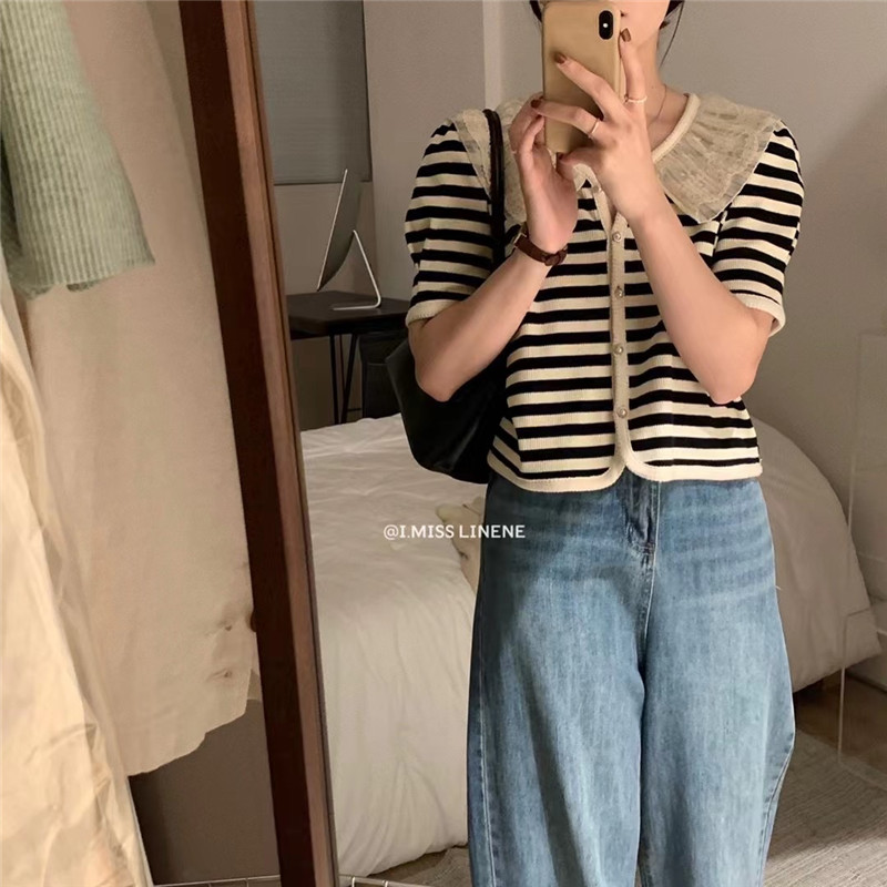 Lace stitched striped top