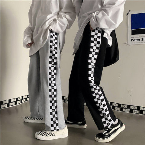 Summer Korean ins black-and-white Plaid stitched loose wide leg sweatpants couple's new straight casual pants Zichao