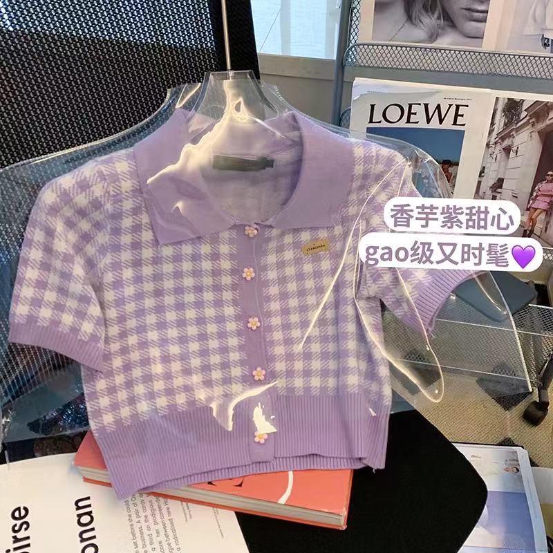 Purple small fragrance short sleeve sweater women's early spring 2022 new Korean gentle style versatile Plaid Knitted Top