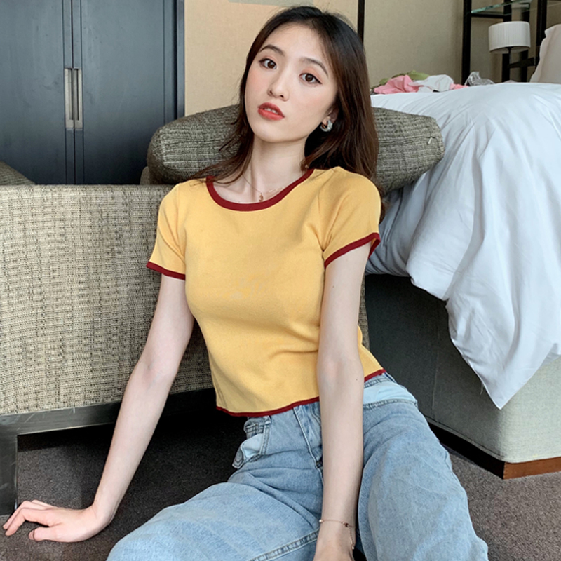 Short upper garment with high waist pants, net red short sleeve T-shirt for women