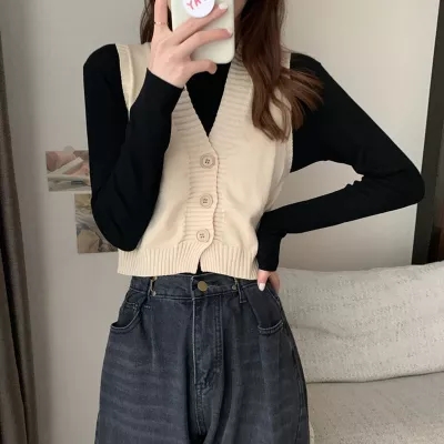 2022 spring new solid color v-neck all-match small cardigan student all-match simple vest women's sleeveless knitted vest