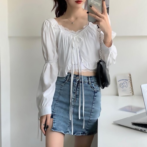 French Style Bubble Sleeve Shirt 2022 spring and autumn new design sense lace short top, foreign style, thin and versatile