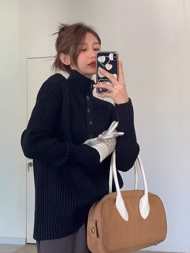 Black high neck hooded sweater women's winter Korean style high-end loose thickened long-sleeved knitted innerwear bottoming shirt 