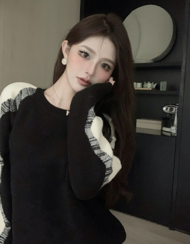 Real shot~ Contrasting color mohair sweater women's spring and autumn loose lazy design sense loose and gentle knitted top