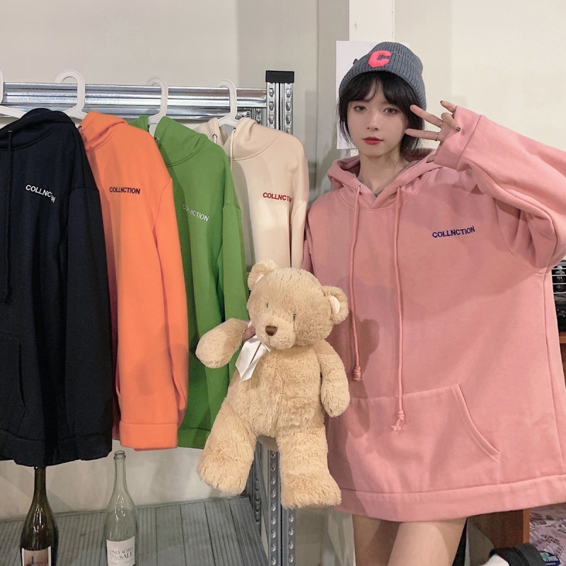 Real shot Plush sweater women's hooded letter embroidery loose large Fleece Winter Pullover Top