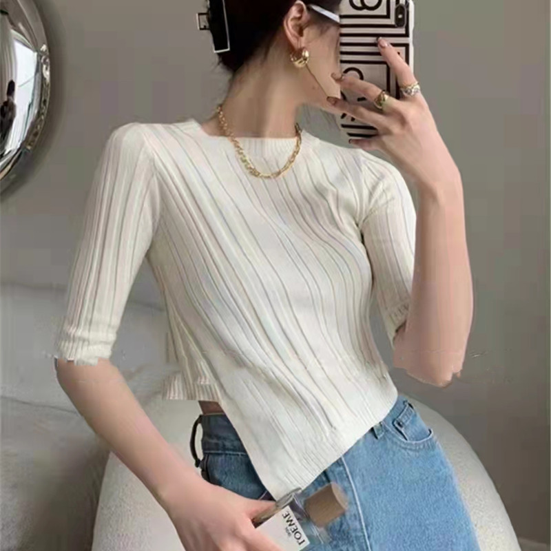 2022 summer clothes new solid color slim fit short sleeve ins split irregular short sweater women's top
