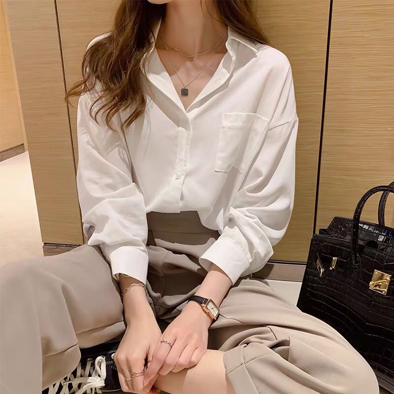 White shirt women's 2020 new autumn fashion foreign style design sense minority top long sleeve fat mm large size shirt