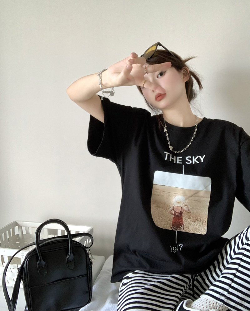 Real price ~ original Korean version simple printing loose lazy thin round neck Pullover T-Shirt Top