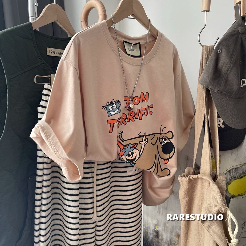 Large size 300 catties pure cotton bm Korean version bottoming shirt foreign style cartoon printing age reduction tee top short-sleeved T-shirt