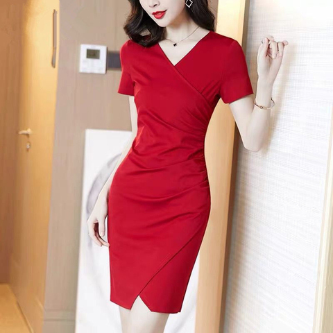 Professional dress women's new summer dress shows thin air bag hip split Short Sleeve Black one-step skirt summer dress