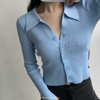 Retro polo collar short long sleeve knitted cardigan women's spring and autumn 2021 new versatile solid color bottomed sweater