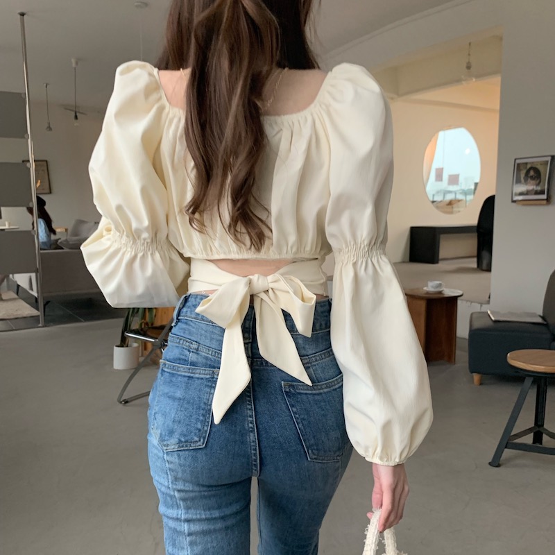 Puff sleeve square collar hot girl shirt women's autumn new French niche design scheming bow long-sleeved top