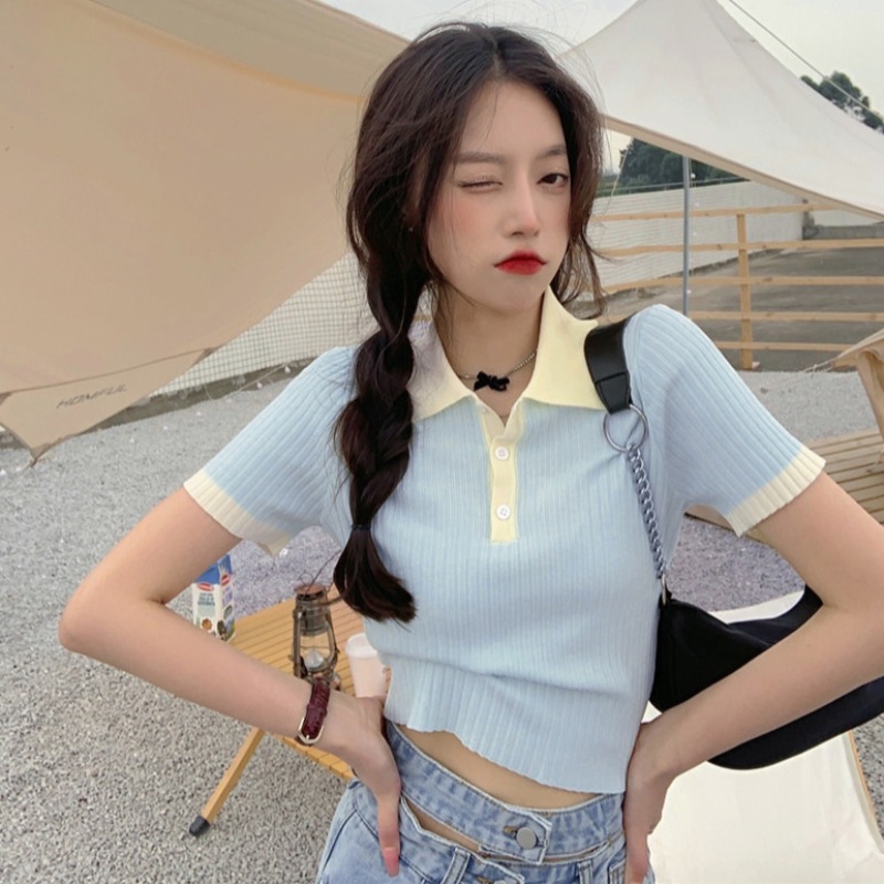 Pit strip Polo neck knitted short sleeve women's design sense of minority summer T-shirt bottom shirt hot girl wear with short top
