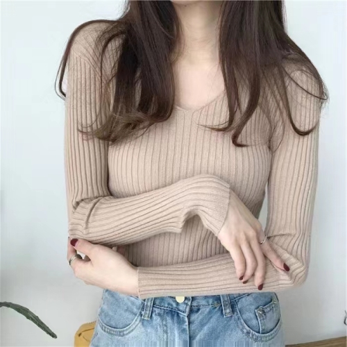 chic spring super thin V-neck knitted elastic close-fitting leaky collarbone long-sleeved core yarn bottoming knitted sweater