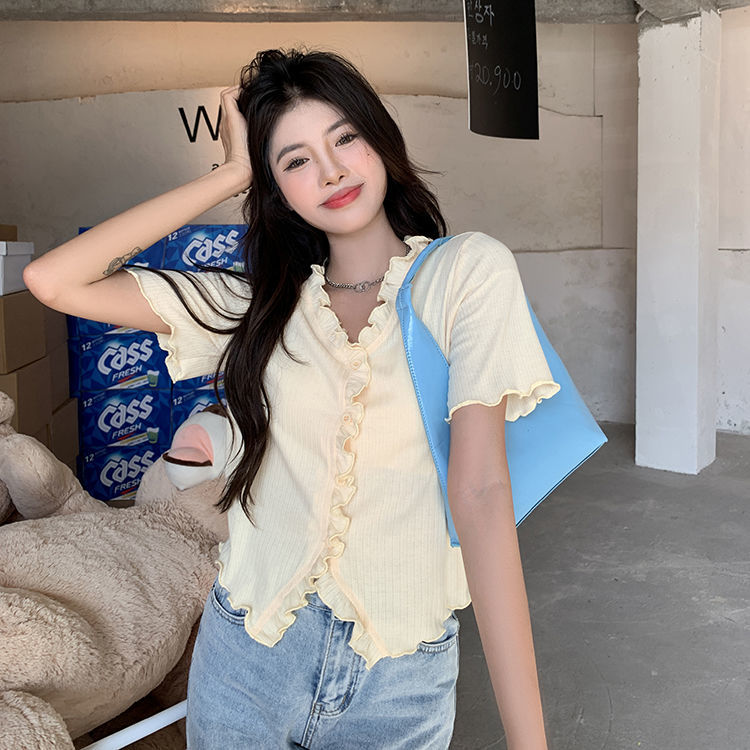 Fungus lace slim top hot girl short-sleeved t-shirt female short French retro v-neck