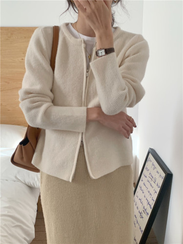Real price Korean simple and versatile solid color soft waxy zipper long sleeve cardigan 3 colors