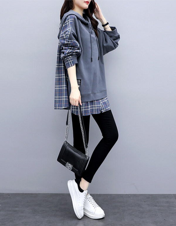 Cotton fake two-piece sweater women's trendy ins hooded autumn women's Korean version loose spring and autumn large size women's new mother clothes