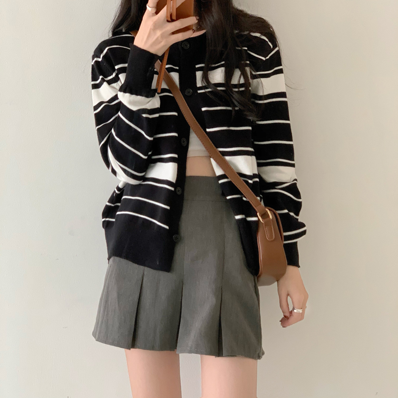 Korean round neck stripe knitted long sleeve cardigan 2021 spring