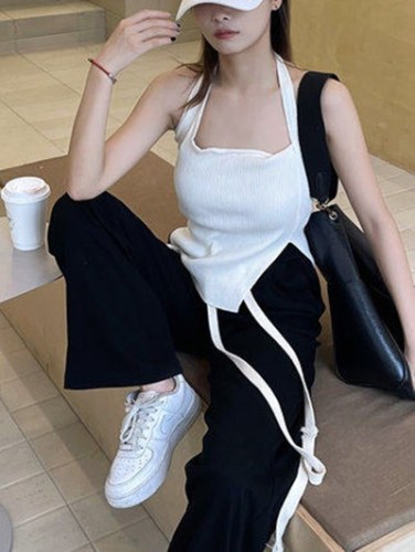 Black pants for women in spring and autumn, lazy style straight-leg casual pants, floor-length trousers, sweatpants, trendy ins drawstring wide-leg pants