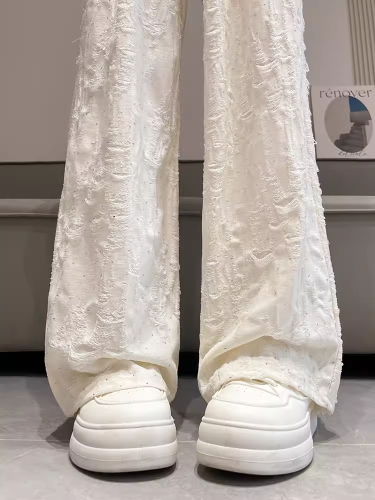 White wide-leg pants for women summer new high-waist casual casual straight-leg pants with drilled holes