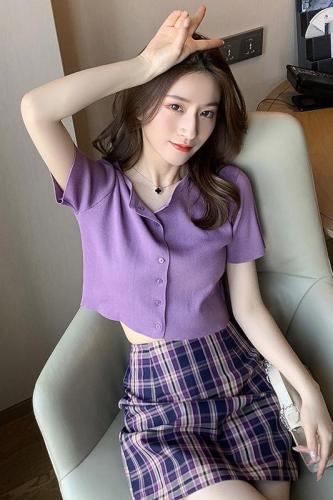 Purple short Knitted Top Women's clothing 2020 spring thin lazy WindNet red short sleeve cardigan small coat