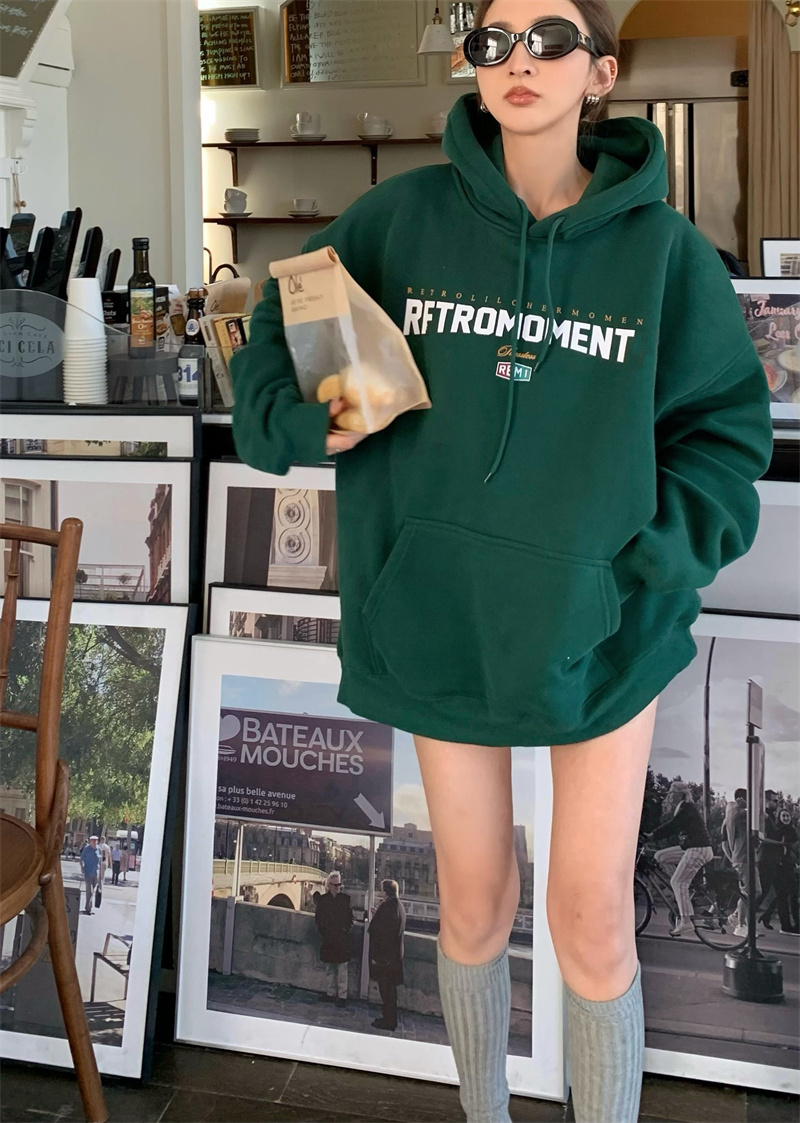 Real Price Korean Version Loose Lazy Plus Fleece Hooded Mid-Length Sweater