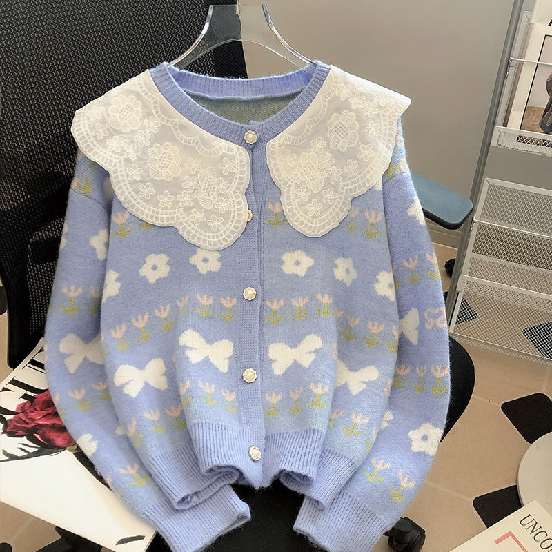 Doll collar knitted cardigan sweater coat women's autumn 2022 new European goods lace long-sleeved top